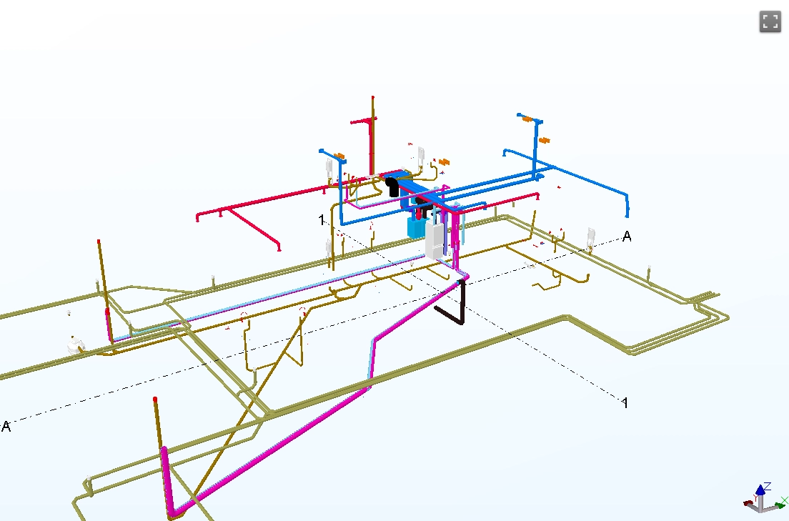 3D-modell av VVS-installationer med kall- och varmvatten, spillvatten och värmesystem i en BIM-samordnad byggnad